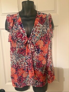 a.n.a Multicolor Floral Tie-Front Sleeveless Top - Orange, Purple, Teal